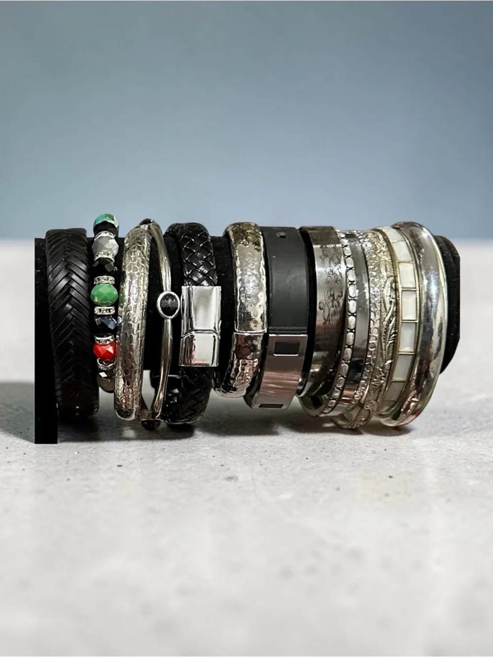 Vintage Boho Silver Bracelet Stack Lot Mother of Pearl Leather Cuff Bangles Set